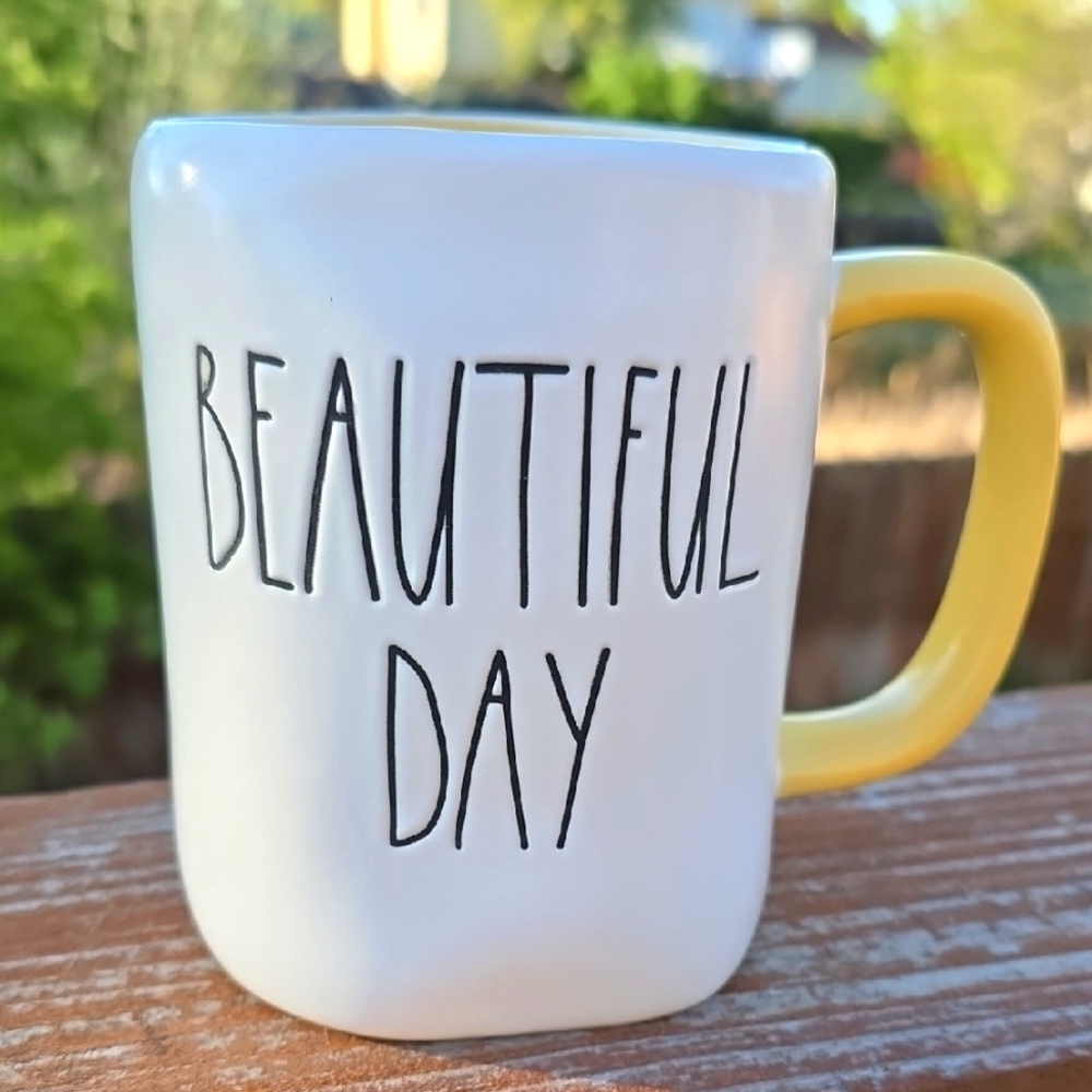 RAE DUNN Beautiful Day Mug with Yellow Handle